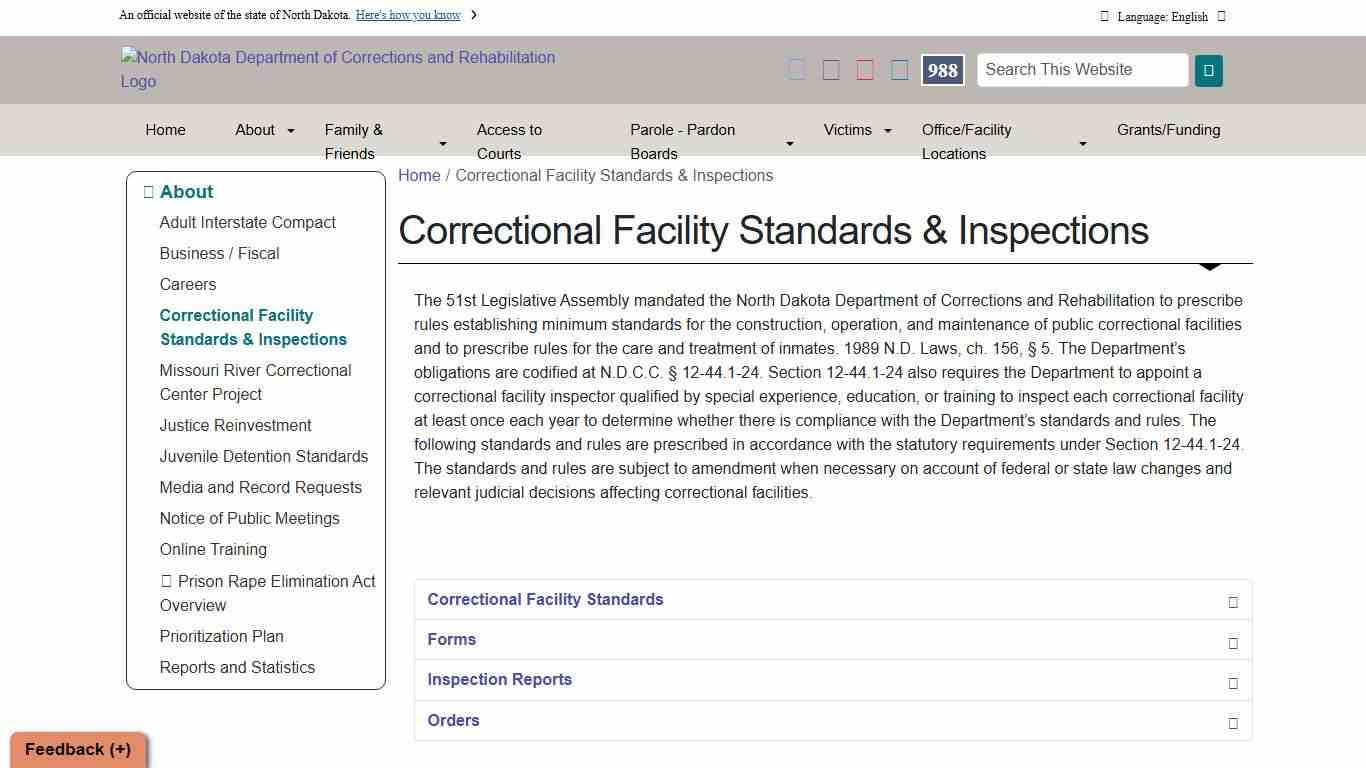 Correctional Facility Standards & Inspections North Dakota Department of Corrections and Rehabilitation